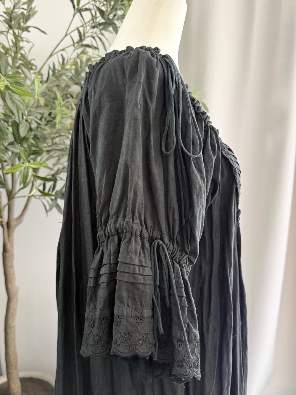 Kinga Csilla Artisan Peasant Midi Dress Black Puff Sleeve Oversized Boho Cottage - Picture 4 of 11